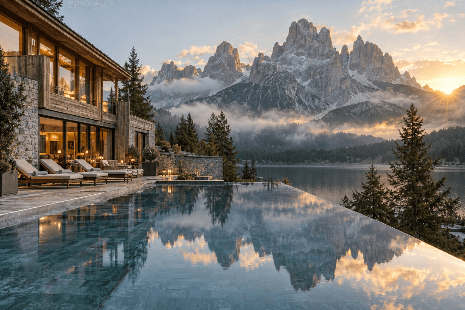 A quiet alpine lodge and reflecting pool beneath mountain peaks