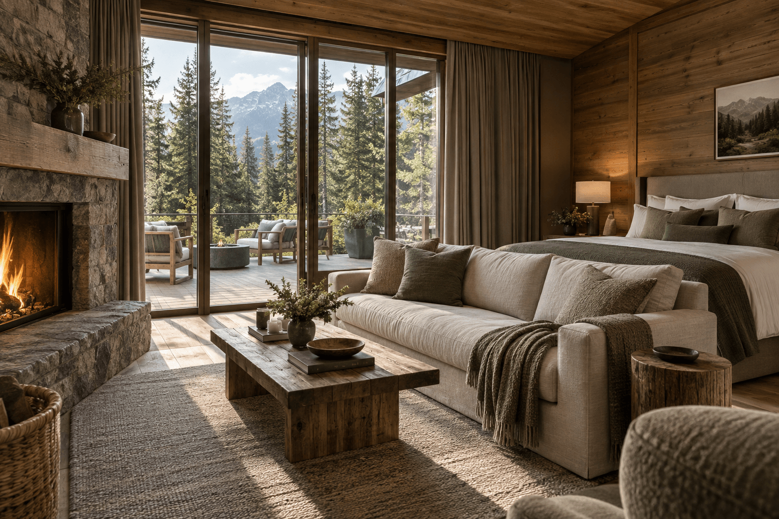 Warm timber suite with a stone fireplace and a private forest terrace