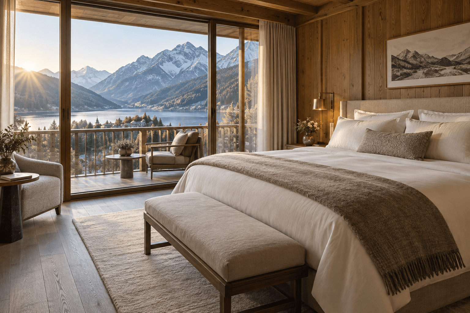 Oak and linen lodge bedroom opening onto a balcony above an alpine lake