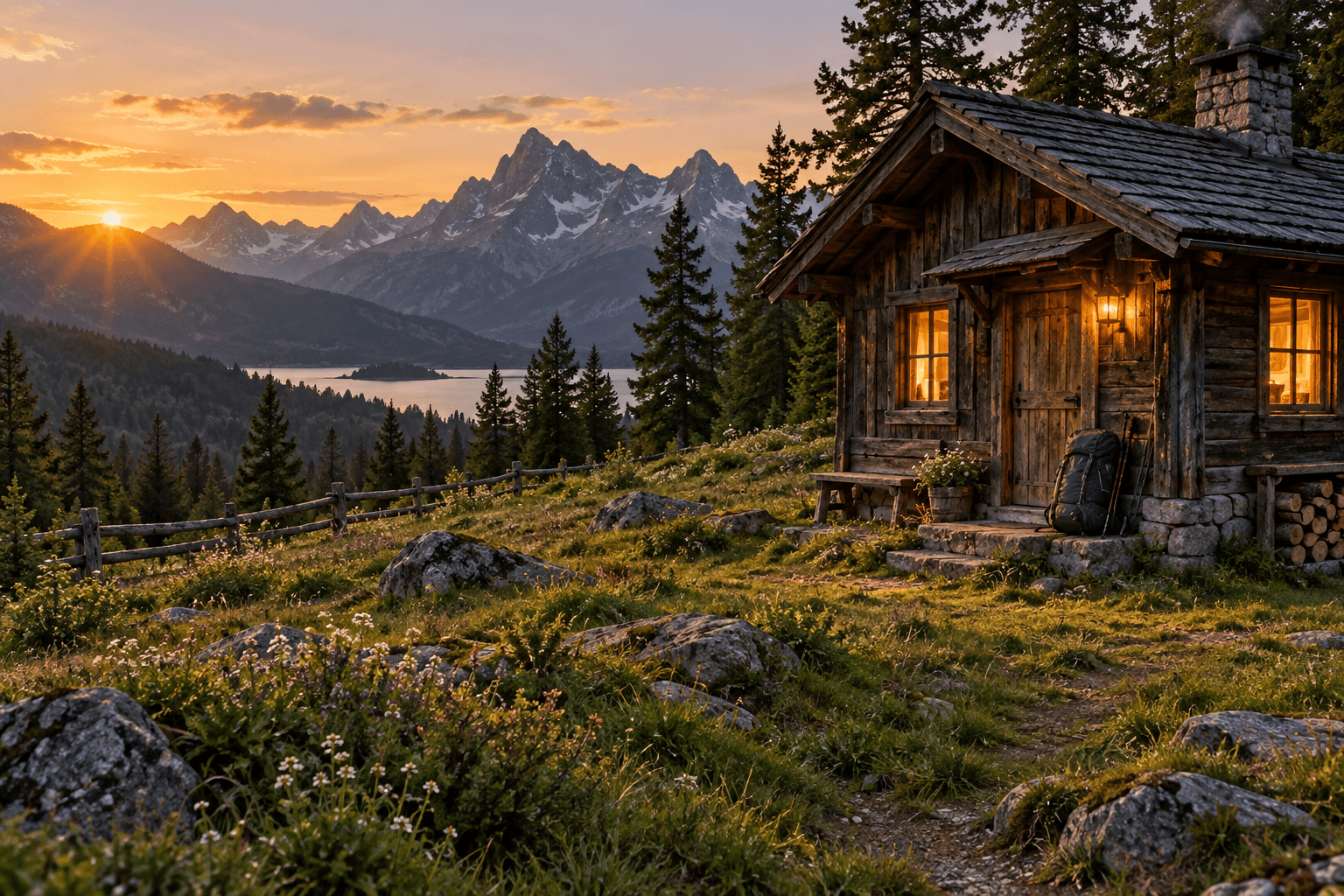 A timber hiking hut in a mountain meadow at golden hour