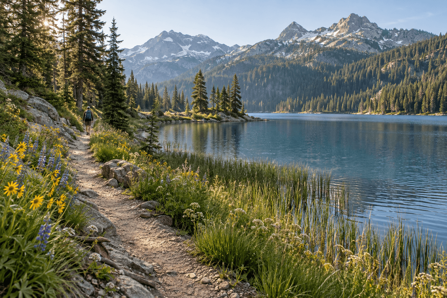 A gentle walking trail along a mountain lake with meadow wildflowers