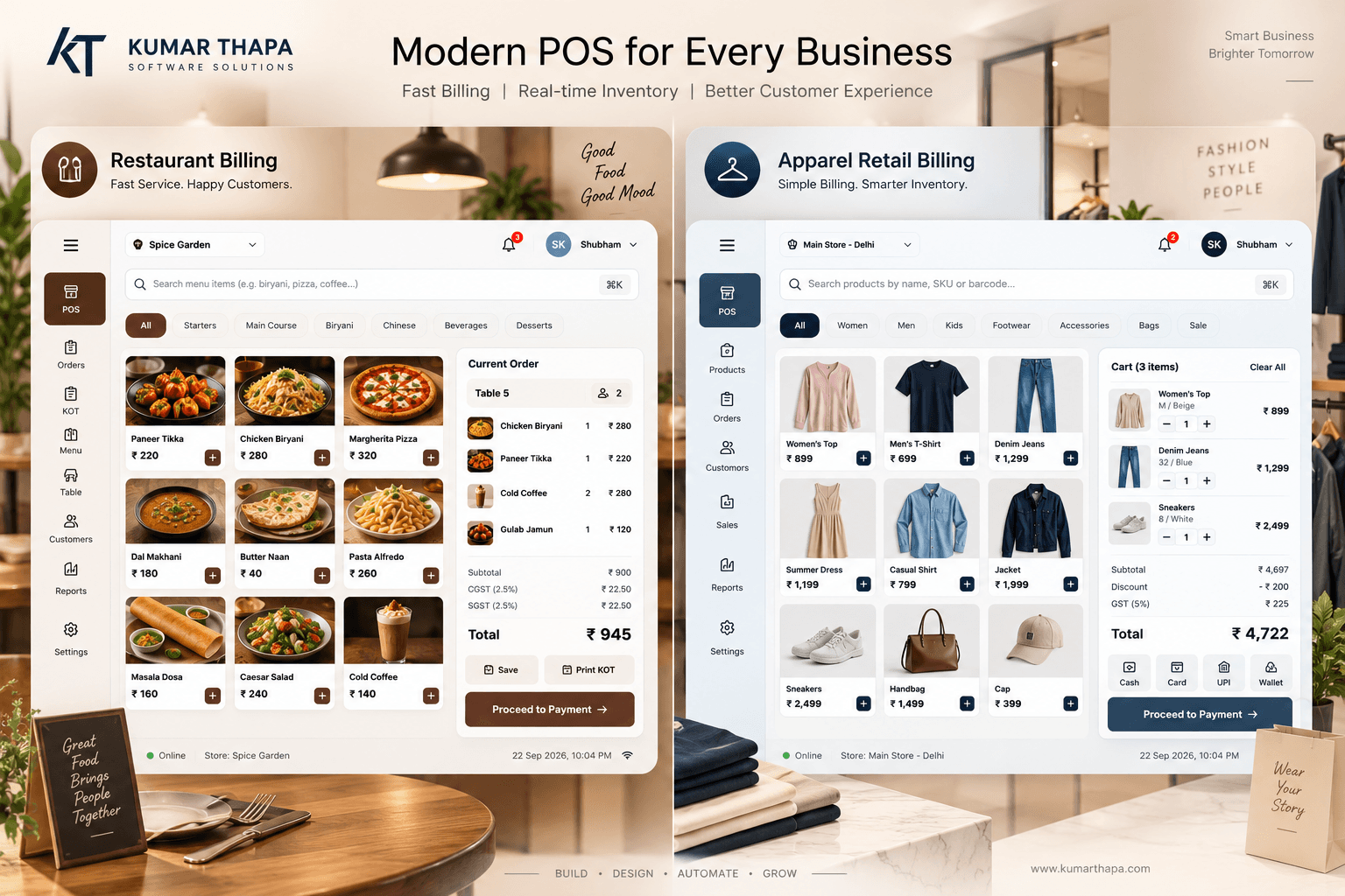 Restaurant and apparel retail POS screens with product selection, order totals, and payment options