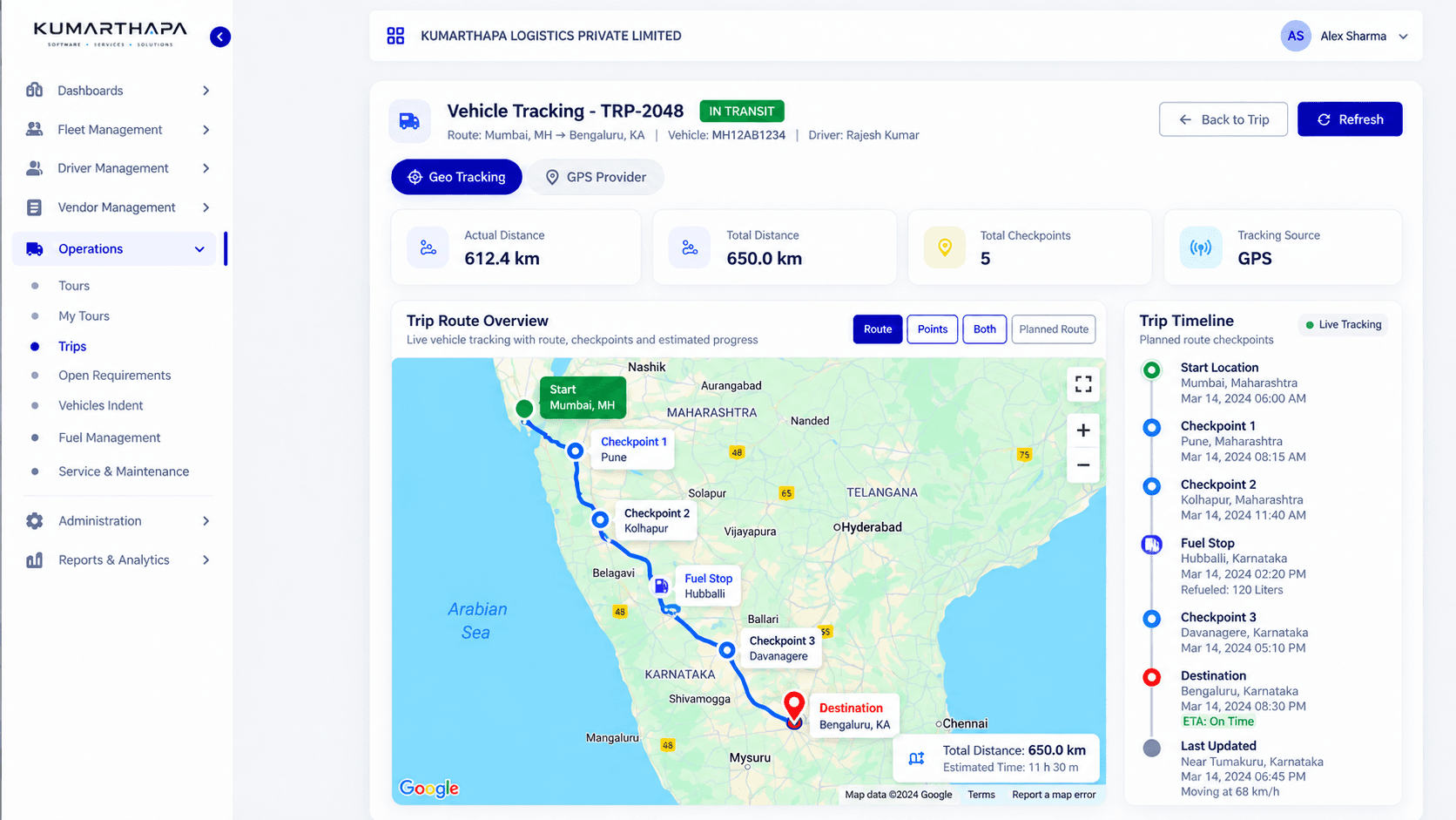 Fleet management screen showing a vehicle route from Mumbai to Bengaluru with checkpoints and a trip timeline