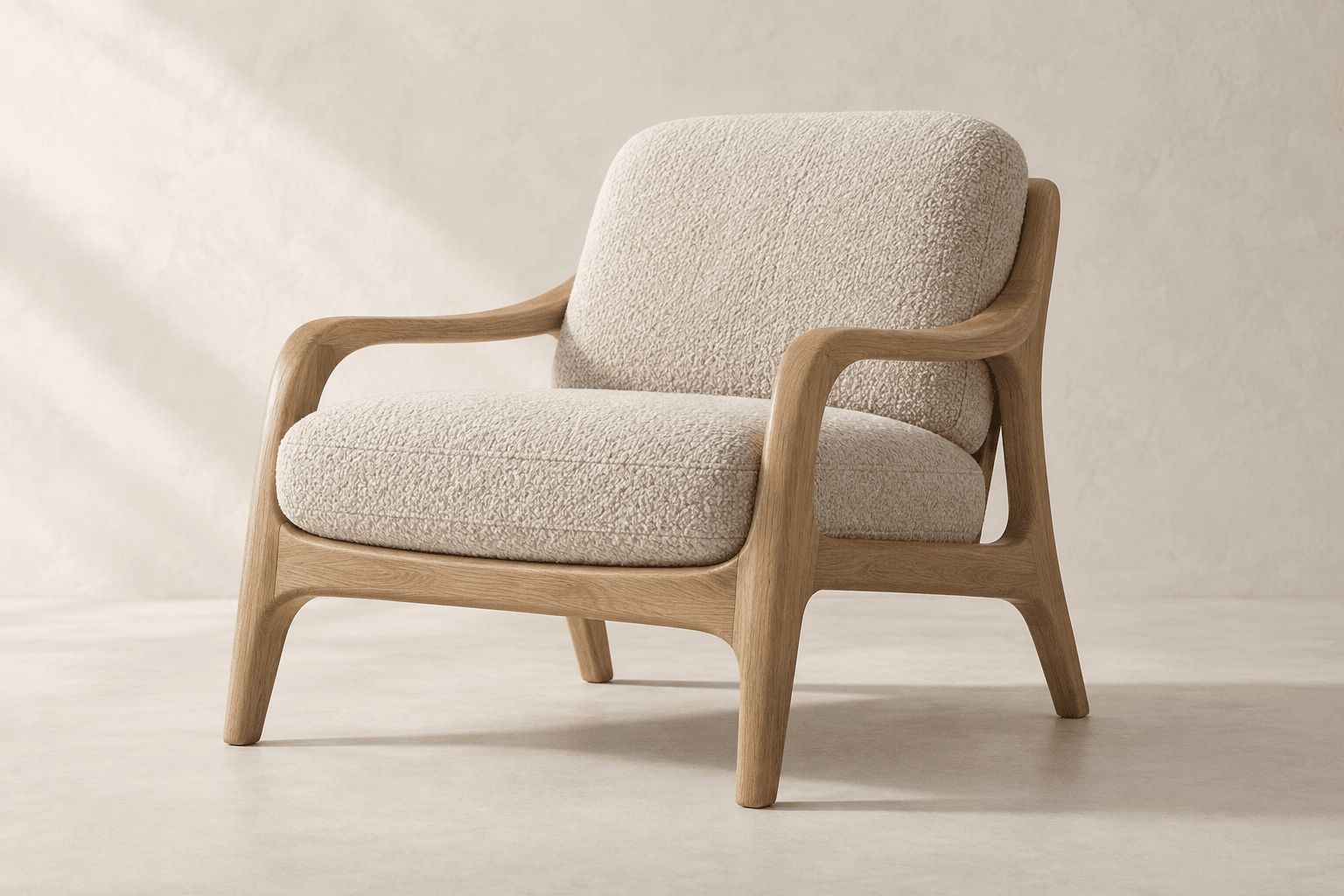 Natural oak lounge chair with oatmeal bouclé cushions