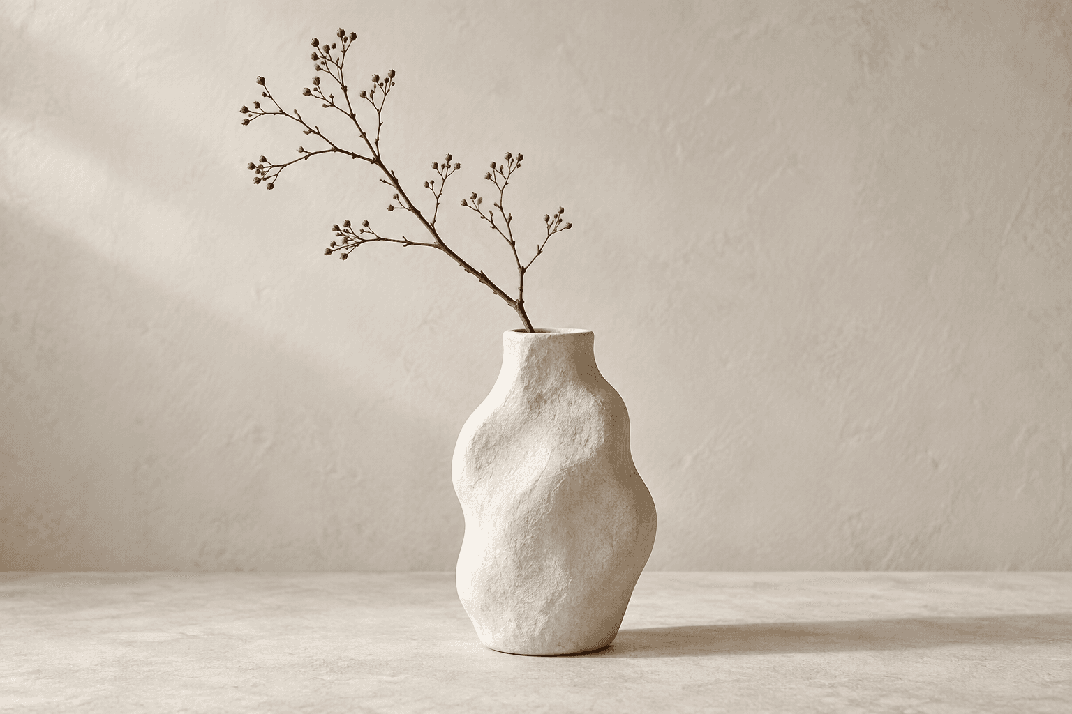 Chalk-glazed stoneware vessel with a delicate dried branch